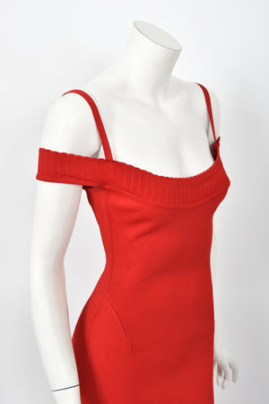 1992 Azzedine Alaia Documented Red Stretch Knit Cold-Shoulder Bodycon Maxi Dress