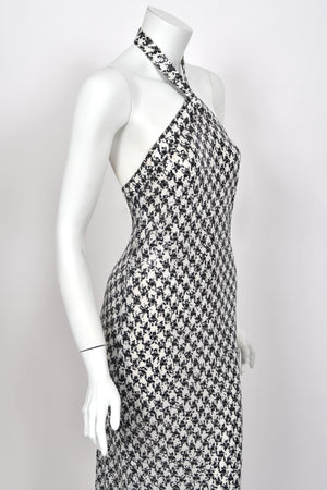 1984 Chanel by Karl Lagerfeld Black & White Sequin Houndstooth Silk Bias-Cut Halter Gown