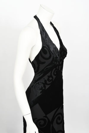 1997 Galindo Couture Black Devoré Velvet Bias-Cut Halter Trained Gown
