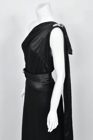 1930's Milgrim Couture Black Silk Rhinestone Deco-Bows Asymmetric Trained Gown