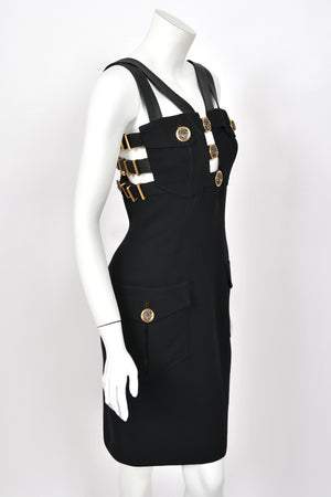 1992 Gianni Versace 'Miss S&M' Runway Collection Black Leather Bondage Wool Dress