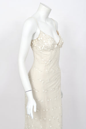 2004 Randi Rahm Couture Embroidered Metallic Ivory Lace Appliqué Trained Slip Gown
