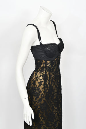 1997 Dolce & Gabbana Sheer Black Stretch Lace Built-In Bra Slip Gown