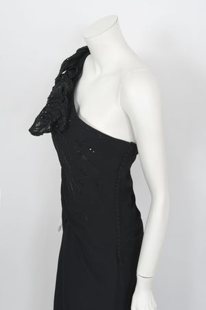 2008 Christian Dior by John Galliano Black Beaded Silk High Slit Bias-Cut Gown