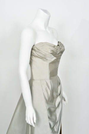 1950's Anne Verdi Couture Ice-Blue Silk Strapless Ruched Hourglass Skirted Gown