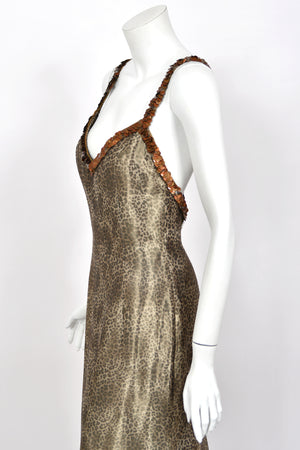 1998 Valentino Runway Semi-Sheer Leopard Print Shimmer Silk Beaded Slip Gown