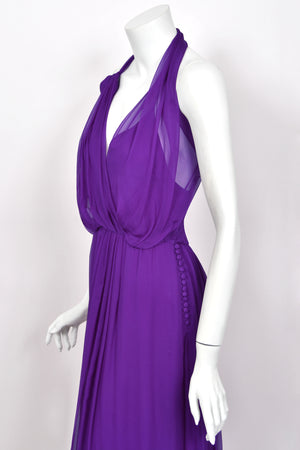 2011 Christian Dior by John Galliano Royal Purple Sheer Silk Low-Cut Asymmetric Goddess Gown