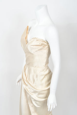 1949 Jeanne Lanvin Haute Couture Ivory Silk Satin Strapless Draped Bridal Gown