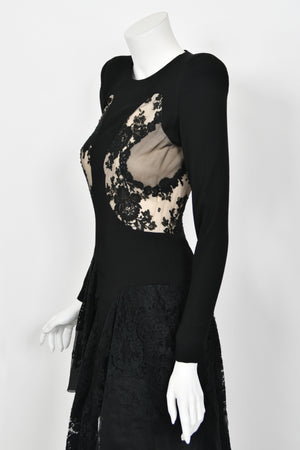 2010 Alexander McQueen Lifetime Black Crepe & Sheer Illusion Lace High-Low Gown