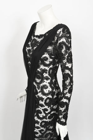 1998 Hanae Mori Haute Couture Beaded Sheer Lace & Chiffon Hourglass Gown