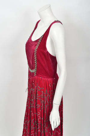 1920's Magenta Pink Beaded & Rhinestone Velvet Back Cut-Out Flapper Dress