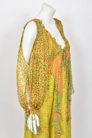 1971 Ossie Clark for Quorum Celia Birtwell Yellow Print Sheer Silk Chiffon Cut-Out Dress