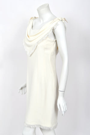 1998 Christian Dior by John Galliano Resort Collection Ivory White Crepe Fringed-Bib Dress