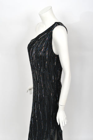 1970's Halston Couture Iridescent Beaded Black Silk One-Shoulder Dress