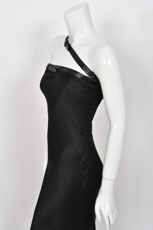 2001 Christian Dior by John Galliano Black Silk Leather-Strap Bondage Bias-Cut Gown