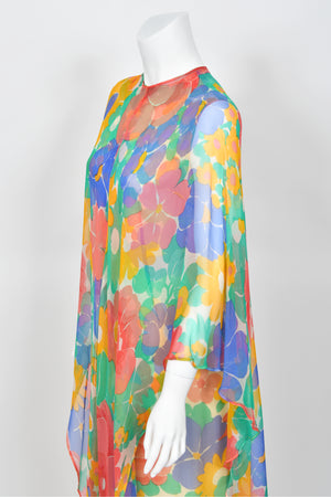 1967 Givenchy Haute Couture Colorful Floral Sheer Silk Draped Caftan Maxi Dress