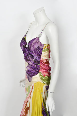 2005 Roberto Cavalli Large-Scale Floral Silk Bustier High-Slit Gown & Shawl
