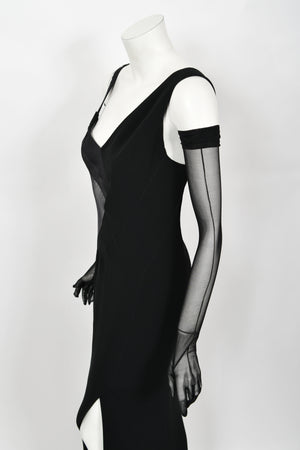 1998 Thierry Mugler Documented Runway Sheer Black Silk Asymmetric High-Slit Gown
