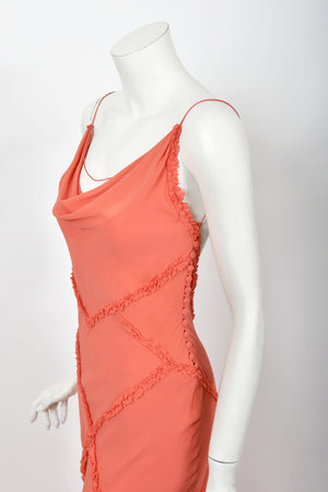 2008 John Galliano Coral Pink Silk Bias-Cut Scalloped Train Backless Gown