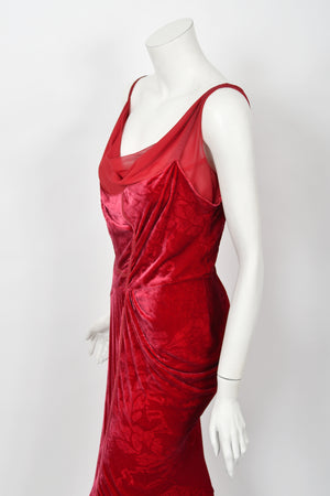2006 Christian Dior by Galliano Ruby Red Velvet Asymmetric Draped Bias-Cut Gown