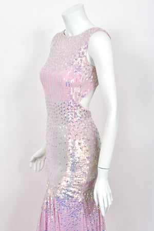 2012 Blumarine Runway Iridescent Lilac Pink Fully Sequin Cut-Out Hourglass Mermaid Gown