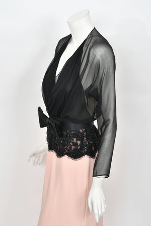 1986 Oscar de la Renta Documented Runway Black Sheer Chiffon & Pink Silk Gown