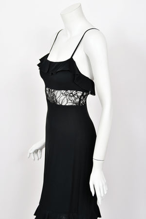 1994 Chanel by Karl Lagerfeld Cruise Collection Sheer Black Lace Ruffle-Trim Lingerie Gown