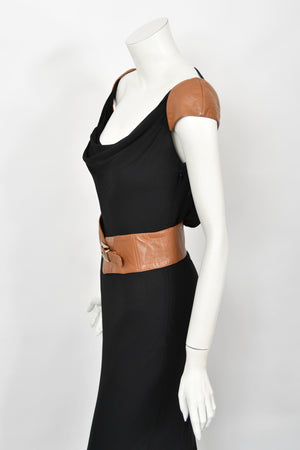 2001 Versace Couture Documented Runway Black Sheer Silk & Leather Bias-Cut Gown