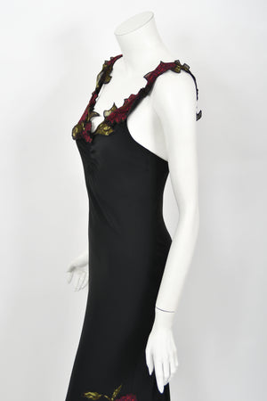 2001 John Galliano Red Chrysanthemum Floral Appliqué Black Silk Chiffon Bias-Cut Gown