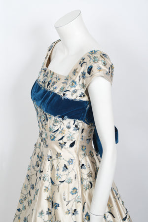 1956 Jacques Griffe Haute Couture Documented Embroidered Beaded Ivory Satin Gown