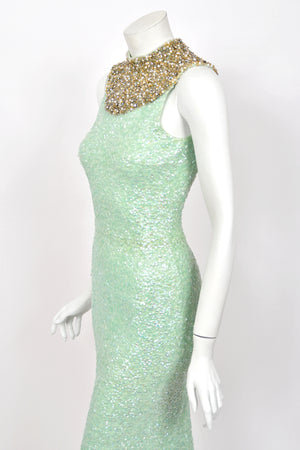 1960's Gene Shelly Seafoam Fully- Sequin Stretch Knit Beaded Collar Hourglass Gown