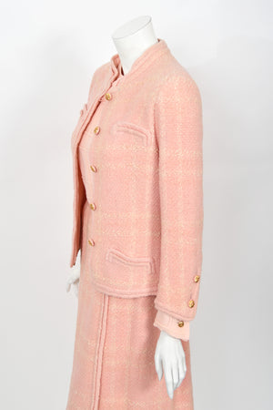 1973 Chanel Haute Couture Documented Pink Wool Jacket Blouse Skirt Three-Piece Suit