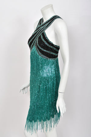 1990 Bob Mackie Teal-Green & Black Beaded Fringe Backless Cocktail Dress