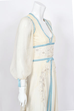 1975 Thea Porter Couture Ivory Silk Embroidered Floral Billow-Sleeve 'Gypsy' Dress