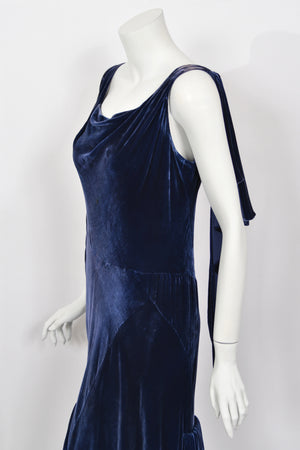 1930 Molyneux Haute Couture Documented Sapphire Blue Silk Velvet Bias-Cut Gown