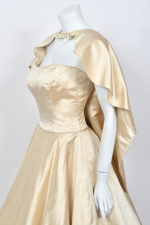 1950's Don Loper Couture Ivory Silk Satin Strapless Full-Skirted Dress w/ Detachable Cape