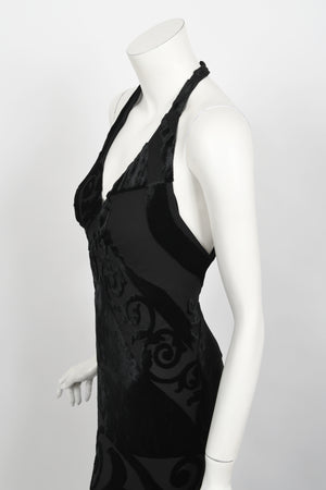 1997 Galindo Couture Black Devoré Velvet Bias-Cut Halter Trained Gown