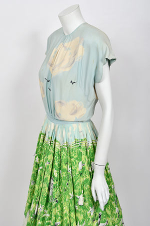 1942 Gilbert Adrian Iconic 'Gamboling Lambs' Scenic Print Scalloped Patio Dress