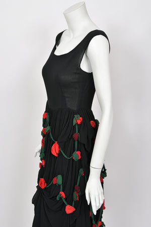 1990 Dolce & Gabbana Black Silk Chiffon Red-Roses Floral Appliqué Dress