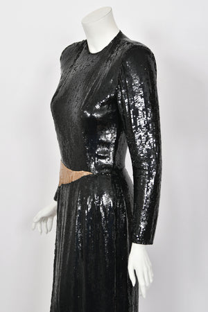 1985 Geoffrey Beene Documented Black & Gold Fully-Sequin 'Cindy Crawford' Gown