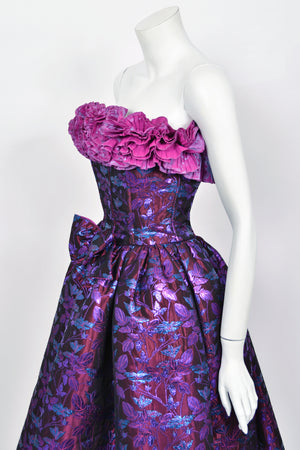 1989 Nina Ricci Haute Couture Metallic Fuchsia Silk Brocade Strapless Skirted Dress