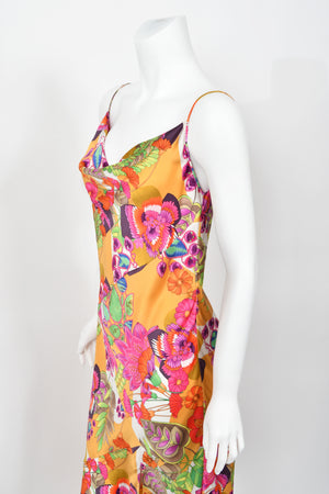 2005 Christian Dior by John Galliano Colorful Tie Dye Floral Silk Bias-Cut Dress