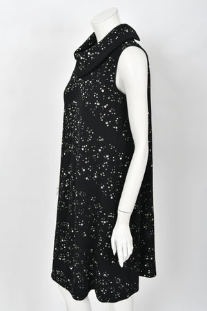 1960's Pauline Trigère Rhinestone Studded Black Wool Mod Trapeze Dress