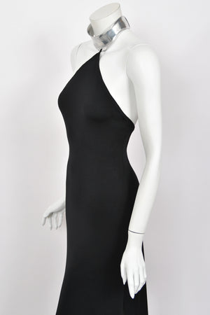 1975 Rudi Gernreich Documented Metal-Collar Black Jersey High-Slit Maxi Dress