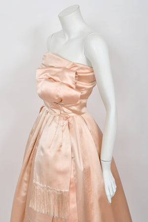 1958 Christian Dior by Yves Saint Laurent Documented Blush-Pink Silk Strapless Corset Gown