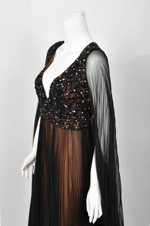 1969 Bob Mackie Couture Documented Beaded Nude-Illusion Pleated Silk Cape Gown