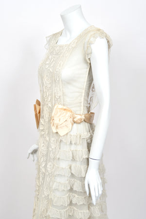 1920's Sheer Ivory Embroidered Floral Motif Net-Tulle Tiered Ruffle 'Robe de Style' Dress