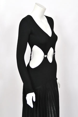 2018 Roberto Cavalli Runway Black Stretch Knit Long Sleeve Cut-Out High Slit Maxi Dress