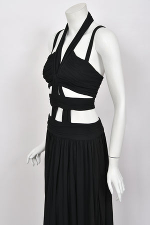 1995 Chanel by Karl Lagerfeld Iconic Runway Campaign Black Cut-Out High Slit Maxi Dress