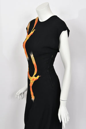 1946 Jourdelle of Hollywood Documented Novelty Firebirds Black Crepe Draped Gown